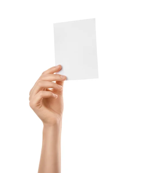 Weibliche Hand Mit Leerem Papier Auf Weißem Hintergrund — Stockfoto