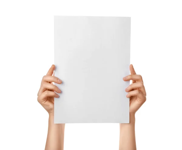 Female Hands Blank Paper White Background — Stock Photo, Image