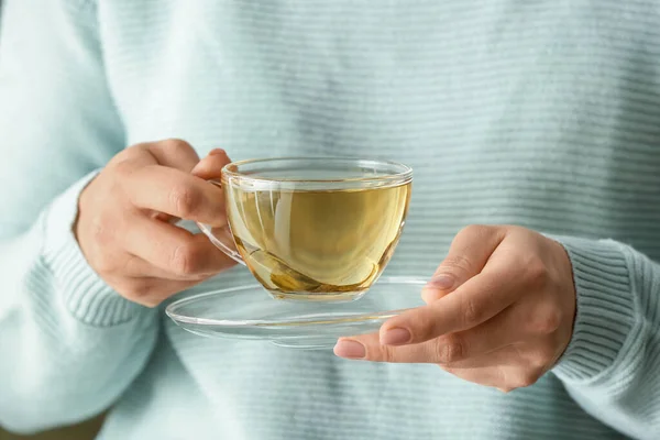 Woman Cup Green Tea Closeup — Stock Photo, Image