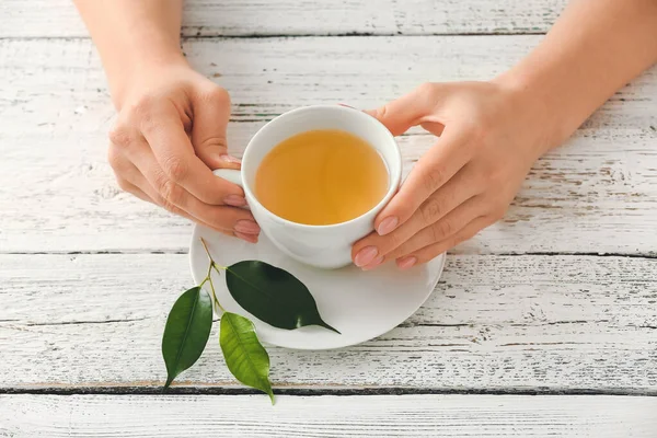 Female Hands Cup Green Tea Wooden Table — Stock Photo, Image