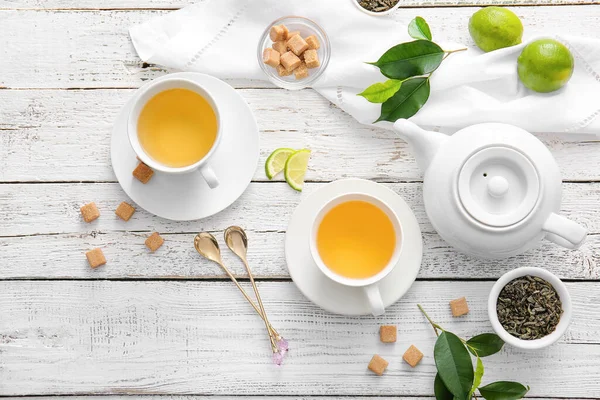 Composition Cups Green Tea Lime Table — Stock Photo, Image