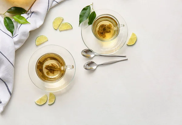 Composition Avec Tasses Thé Vert Citron Vert Sur Table — Photo