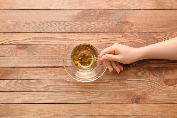 Female Hand Cup Green Tea Wooden Table — Stock Photo, Image