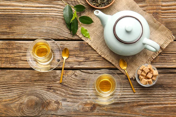 Composition Cups Green Tea Teapot Wooden Table — Stock Photo, Image