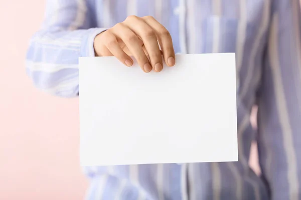 Woman Blank Paper Sheet Color Background — Stock Photo, Image