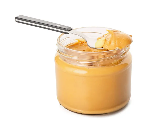 Frasco Colher Com Manteiga Amendoim Saborosa Fundo Branco — Fotografia de Stock