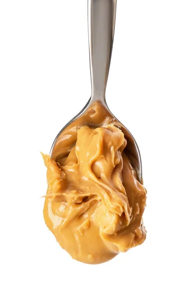 Löffel Mit Leckerer Erdnussbutter Auf Weißem Hintergrund — Stockfoto