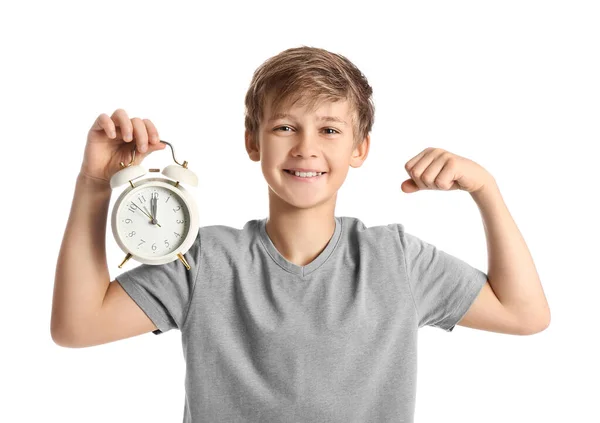 Little Boy Alarm Clock White Background — Stock Photo, Image