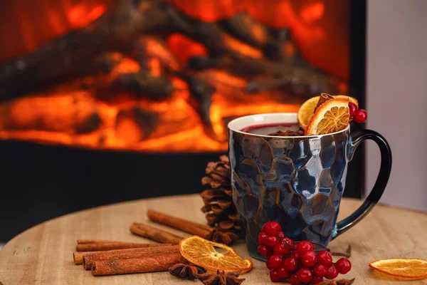 Cup Tasty Mulled Wine Table Fireplace — Stock Photo, Image