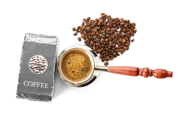 Cezve Und Packung Mit Kaffee Auf Weißem Hintergrund — Stockfoto