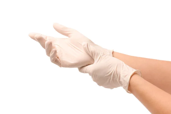 Χέρια Προστατευτικά Γάντια Λευκό Φόντο — Φωτογραφία Αρχείου