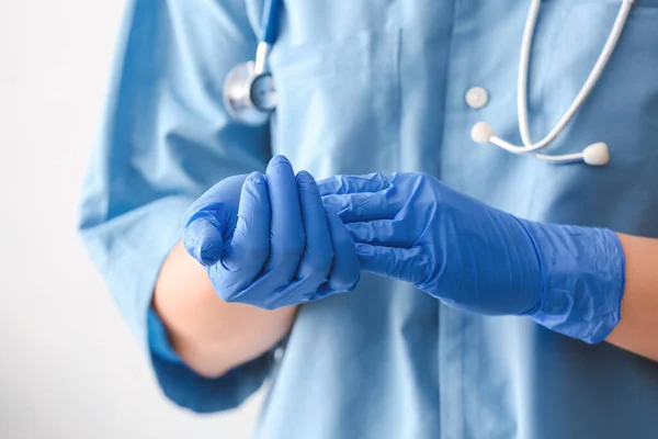 Female Doctor Wearing Protective Gloves Closeup — Stock Photo, Image