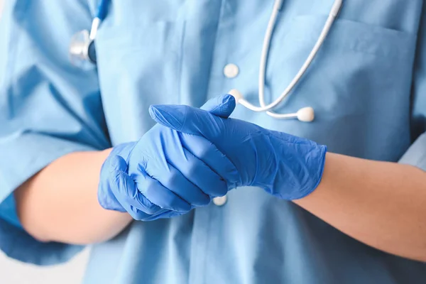 Female Doctor Wearing Protective Gloves Closeup — Stock Photo, Image