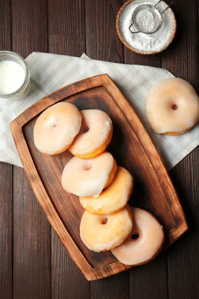 Tasty Donuts Glass Milk Wooden Background — Stock Photo, Image