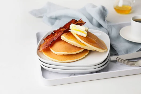 Plate Tasty Pancakes Fried Bacon Table — Stock Photo, Image