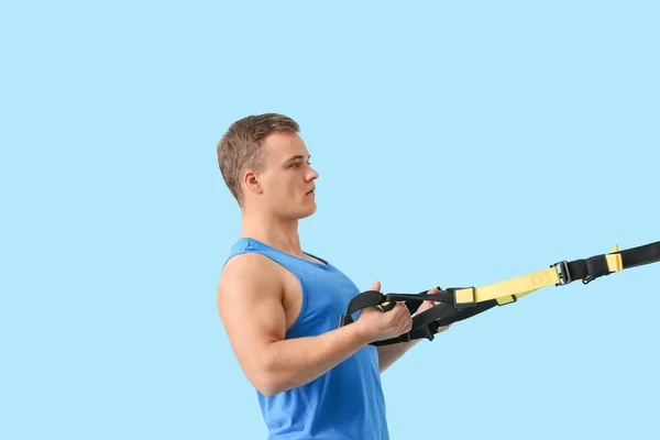 Sporty Young Man Training Trx Straps Color Background — Stock Photo, Image