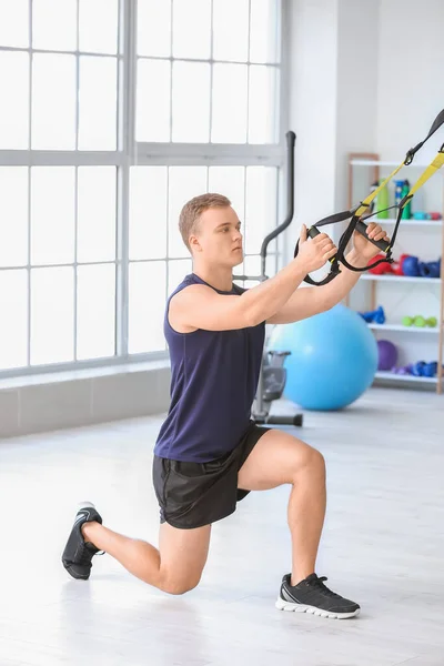 Sporty Young Man Training Trx Straps Gym — Stock Photo, Image