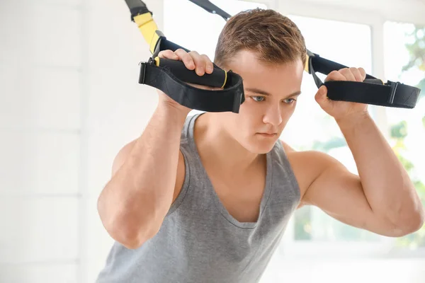 Sporty Young Man Training Trx Straps Gym — Stock Photo, Image