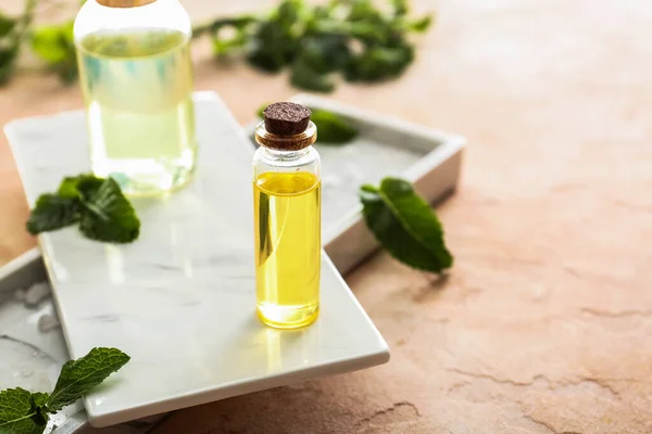 Bottles Mint Essential Oil Table — Stock Photo, Image