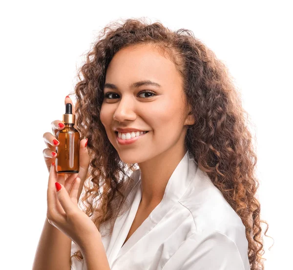 Beautiful Young Woman Cosmetic Oil White Background — Stock Photo, Image