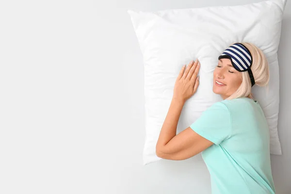 Mature Woman Sleep Mask Light Background — Stock Photo, Image