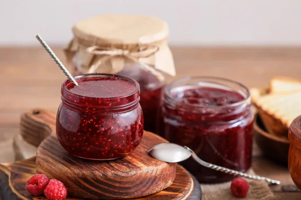Jars Sweet Raspberry Jam Table — Stock Photo, Image