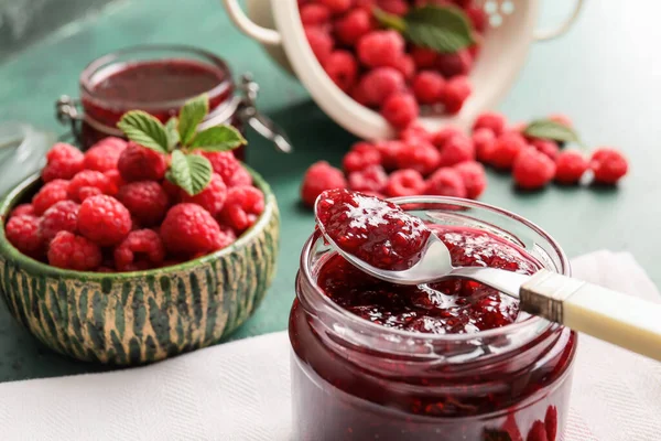 Jars Sweet Raspberry Jam Table — Stock Photo, Image