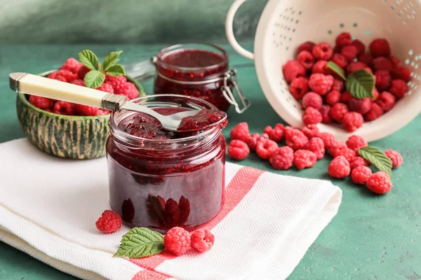 Jars Sweet Raspberry Jam Table — Stock Photo, Image