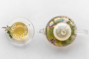 Çaydanlık ve fincanda çiçek çayı var.