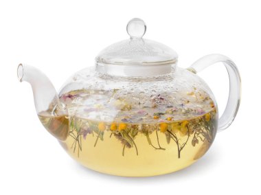 Beyaz arka planda çiçekli çaydanlık.