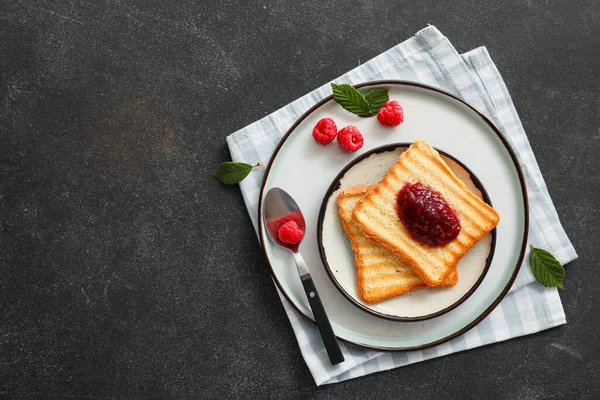 Toasts Sweet Raspberry Jam Dark Table — Stock Photo, Image