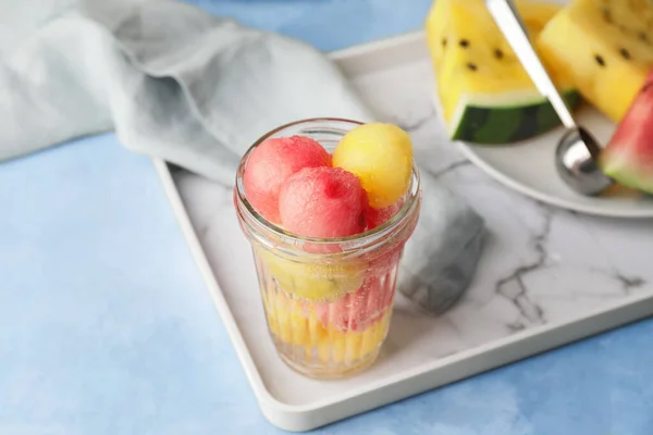 Tasty Watermelon Balls Glass Table — Stock Photo, Image