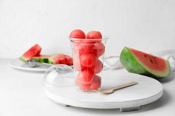 Tasty Watermelon Balls Plastic Cup Table — Stock Photo, Image