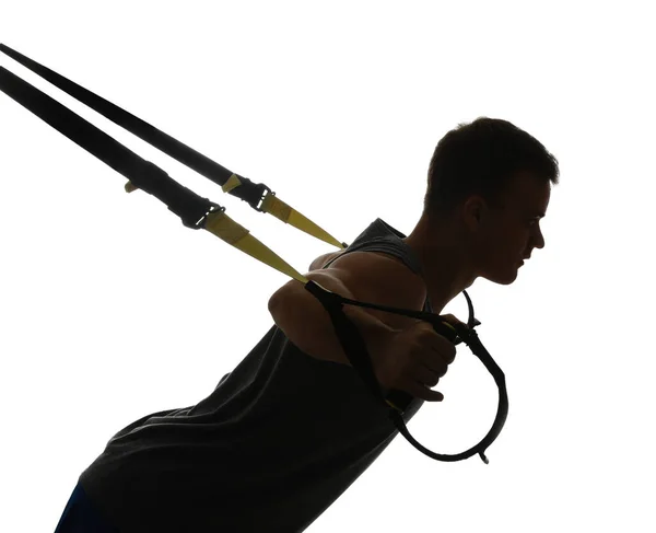 Silhouette Sporty Young Man Training Trx Straps White Background — Stock Photo, Image