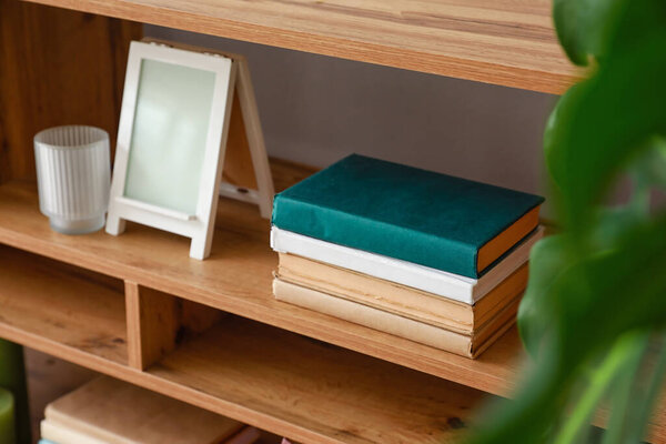 Shelving unit with books in interior of room