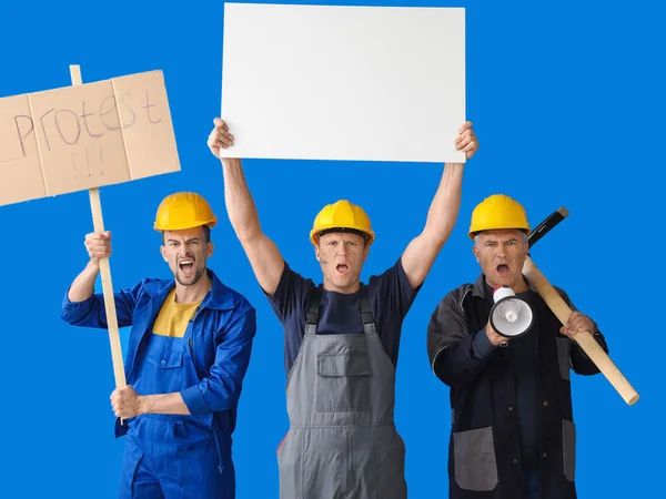 Hombres Mineros Protestando Con Pancartas Fondo Color — Foto de Stock