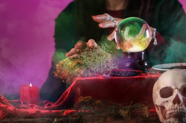 Masasında kristal küresi olan falcı, yakın plan.