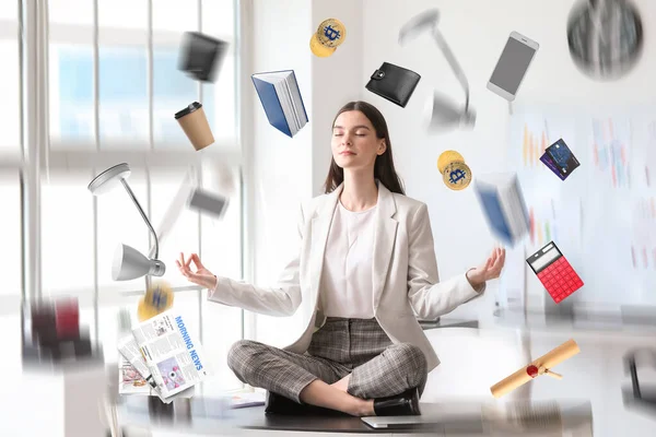 Different Things Flying Young Businesswoman Meditating Office Zen Concept — Stock Photo, Image