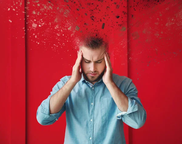 Young Man Suffering Headache Color Background — Stock Photo, Image