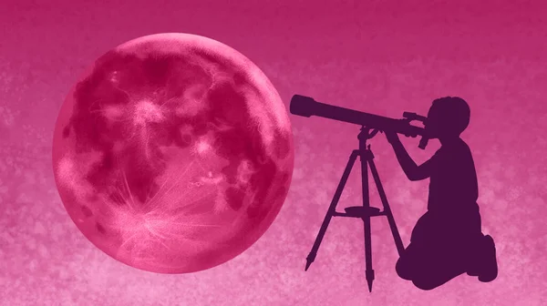 Silueta Niño Observando Luna Través Telescopio Espacio — Foto de Stock
