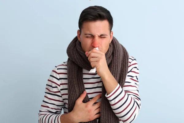 Ill Young Man Runny Nose Color Background — Stock Photo, Image