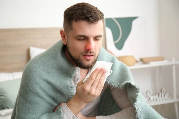 Ill Young Man Runny Nose Home — Stock Photo, Image