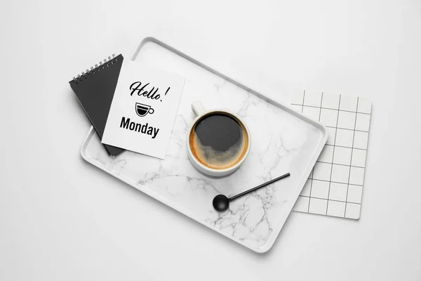 Composition Cup Coffee Greeting Card Text Hello Monday White Background — Stock Photo, Image