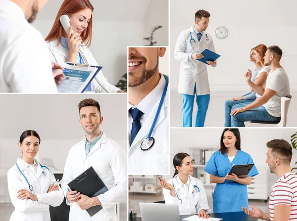 Collage Van Foto Met Artsen Patiënten Moderne Kliniek — Stockfoto