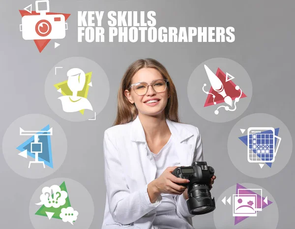 Young Woman Camera Key Skills Photographer Grey Background — Stock Photo, Image