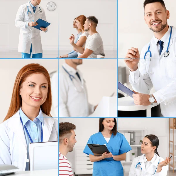 Collage Van Foto Met Artsen Patiënten Moderne Kliniek — Stockfoto