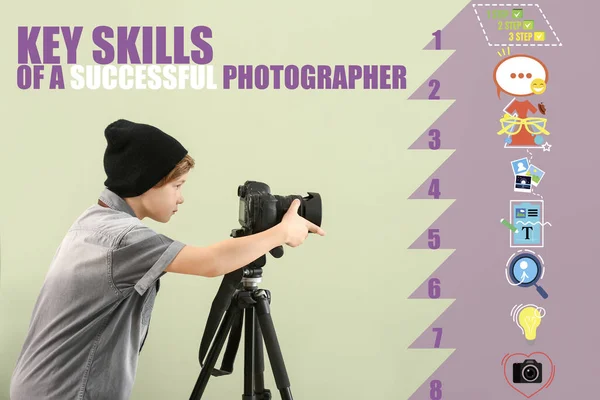 Cute Little Boy Camera Key Skills Successful Photographer Color Background — Stock Photo, Image