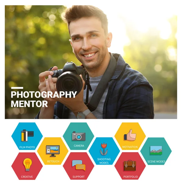 Young Man Camera Outdoors Mentoring Photographers — Stock Photo, Image