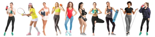 Collage Van Verschillende Sportieve Vrouwen Witte Achtergrond — Stockfoto