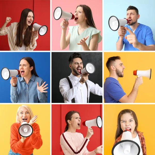 Collage Different Screaming People Megaphone Color Background — Stock Photo, Image